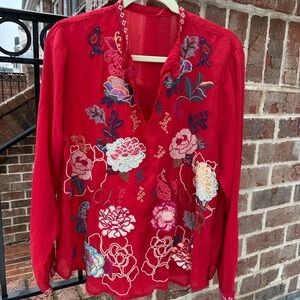 Johnny Was, Embroidered Red Top, M.
